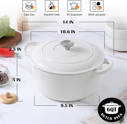 Enameled Dutch Oven Pot for Bread Baking, 6QT Enameled Cast Iron Cookware with Self-Basting Lid & Sourdough Bread Baking Supplies, Heavy Duty Casserole Pot & Dual Handles-White2