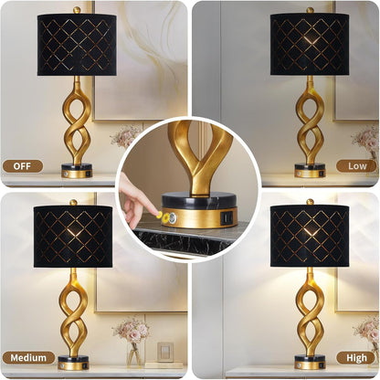 30" Black and Gold Table Lamps Set of 2 for Bedroom, Modern Touch Control Bedside Lamps for Living Room, 3-Way Dimmable Sculptural Resin Nightstand Lamps with USB A+C Ports and 2 LED Bulbs5