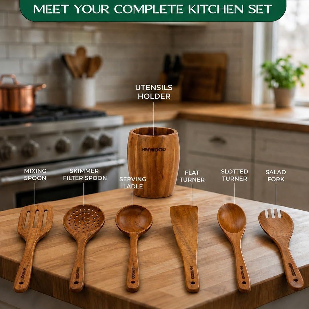 wooden-utensil-set-with-holder-teak-wood-cooking-spoons-slotted-spatula-skimmer-ladle-7-piece