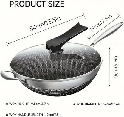 Wok Pan,Honeycomb Stainless Steel Wok Pan with Lid, 13.3 Inch Hybrid Nonstick Stir Fry Pan Flat Bottom, Induction Compatible, Dishwasher Safe, No Seasoning Needed (Serves 3-4)4