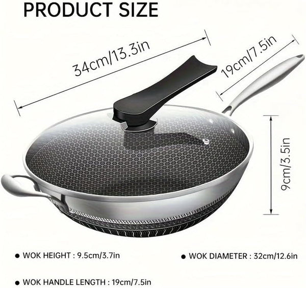 Wok Pan,Honeycomb Stainless Steel Wok Pan with Lid, 13.3 Inch Hybrid Nonstick Stir Fry Pan Flat Bottom, Induction Compatible, Dishwasher Safe, No Seasoning Needed (Serves 3-4)4