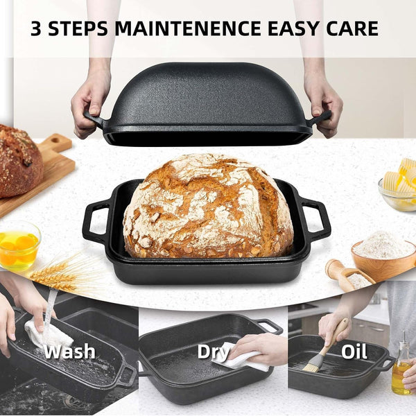9QT Large Cast Iron Bread Loaf Pan with Lid, Dutch Oven for Sourdough Bread Baking, Non-Stick Cast Iron Sourdough Baking Pan with Lid, 12.3" X 9.2", Matte Black6