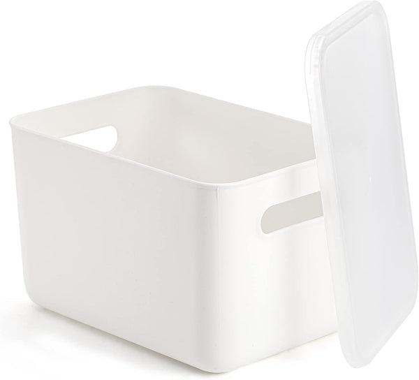 4 Pack Plastic Storage Bins with Lid, White Stackable Storage Basket Organizer Box, Sturdy Containers Organizing Lidded Bins for Shelves, Cabinet, Desk, Pantry, Bedroom, Book, Toys3
