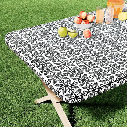 Rectangle Vinyl Table Cloth, Elastic Fitted Flannel Backed Tablecloth, 100% Waterproof Plastic Table Cover Fits 6 Foot Folding Tables for Picnic, Camping, Outdoor (Black, 30" X 72")1
