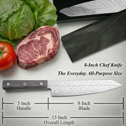 8-Inch Leaf‑Etched Chef Knife –ALLWIN HOUSEWARE Deep Electro‑Etched Leaf Pattern with 3D Air‑Pocket Design, Premium Stainless Steel Blade & Ergonomic Wood Handle for Kitchen Cooking Gift Grey2