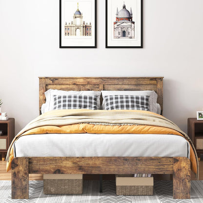 Wood King Bed Frame with Headboard, Vintage Brown4