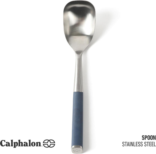 Calphalon Edge Cooking Spoon, Cooking Utensil Spoon, Stainless Steel Kitchen Spoon with Heat Resistanc Silicone Non-Slip Handle, Nonstick-Safe Basting Spoon,Durable Kitchen Utensil (Navy Blue)2