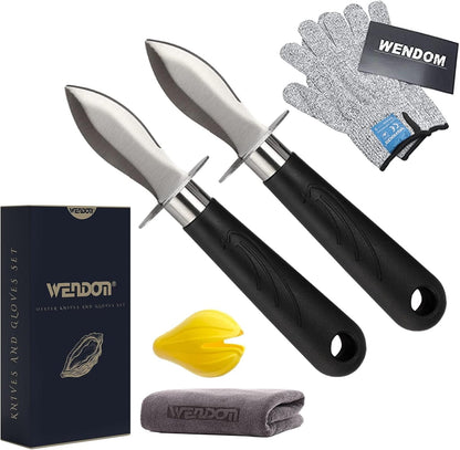 Oyster Knife Shucker Set Oyster Shucking Knife and Gloves Cut Resistant Level 5 Protection Seafood Opener Kit Tools Gift(2Knifes+2Glove+1Cloth)1