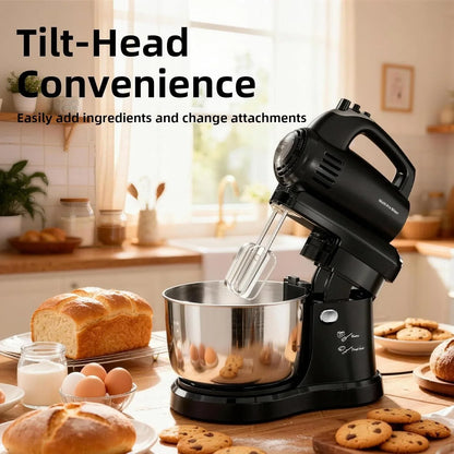 3.2QT 2-In-1 Stand Mixer, Electric Kitchen Mixer with Auto-Rotating Bowl & Tilt-Head, 5-Speed 250W Turbo Baking Machine for Beginners with Beater & Dough Hook for Cookie, Bread, Cake (Black)5