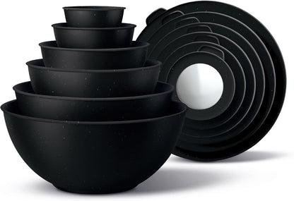 Mixing Bowls with TPR Lids - 12 Piece Plastic Nesting Bowls Set Includes 6 Prep Bowls and 6 Lids, Microwave Safe (Speckled Black)1