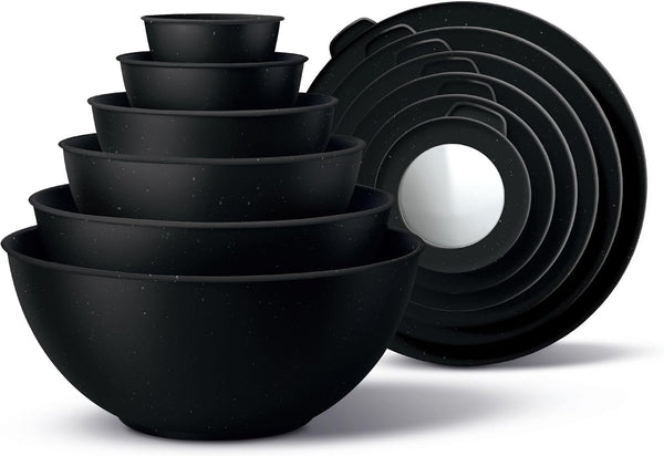 Mixing Bowls with TPR Lids - 12 Piece Plastic Nesting Bowls Set Includes 6 Prep Bowls and 6 Lids, Microwave Safe (Speckled Black)1