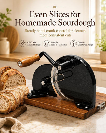 Foldable Manual Bread Slicer, Adjustable Slice, Hand-Cranked Bread Slicer with Ergonomic Handle, Hand Crank Cutter, Durable Aluminum Alloy Body and Sturdy Solid Wood Base-Black2
