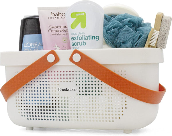 Brookstone Modern Large Portable Shower Caddy with Soft Silicone Carrying Handle, Bathroom Organizer Basket, Plastic Bath Tote and Shower Organizer, Quick Dry Drainage Holes, BPA Free, White1