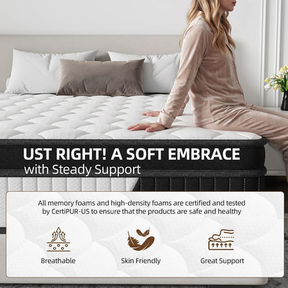 14 Inch Queen Mattress Individually Wrapped Coil Hybrid, Cooling Knitted Cover & Ventilated Foam, Medium Soft with Targeted Body Support, Certified Fire-Resistant, Bed in a Box,White.6