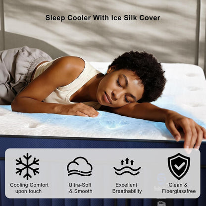 14 Inch King Mattress with Ice Silk Cover, Euro Top Hybrid Gel Memory Foam with 7-Zone Individually Wrapped Coils, Medium Firm King Size Mattress for Pressure Relief3