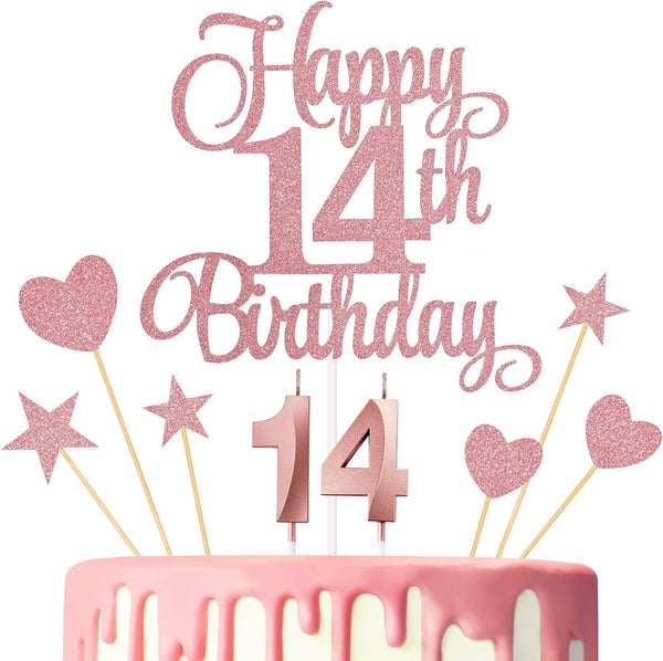 14Th Birthday Cake Decorations, 14Th Birthday Candles Cake Numeral Candles and Glitter Happy 14Th Birthday Cake Toppers Set for Birthday Party Supplies (Rose Gold)1