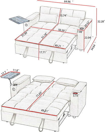 65'' 3-In-1 Folding Convertible Sofa Bed, Pullout Sofa, Modern Chenille Fabric, 360° Swivel Side Table, Easy Assembly, Perfect for Living Room, Black2