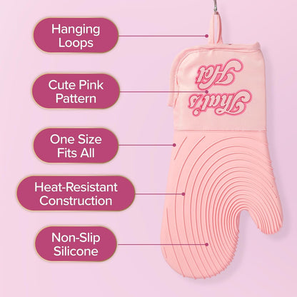 Oven Mitt Set with Iconic That'S HOT Design, Heat Resistant Pot Holders Featuring Non-Slip Textured Silicone Grips, 2-Piece Set, Pink4