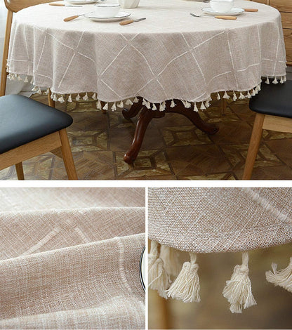 Heavy Weight Cotton Linen Tablecloth, Plaid Tassel round Table Cover for Kitchen Dining Room Tabletop Decorations, round - 78", Beige4