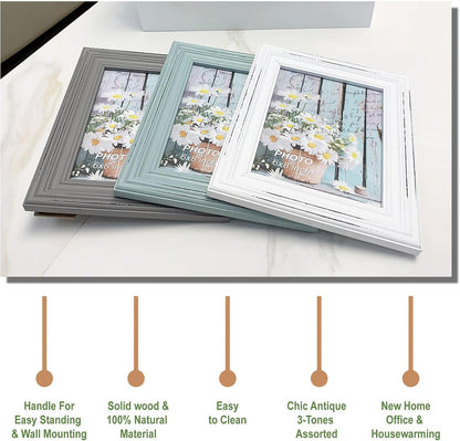 Vintage 6X8 Inches Wooden Picture Frame Pack of 3 Farmhouse Aqua Grey White - Rustic Thick Wood High Definition Glass Photo Frame outside 8.6X10.6 Inches - 2 Ways Display Tabletop or Wall Mounted5