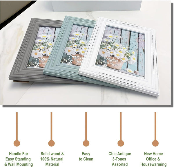 Vintage 6X8 Inches Wooden Picture Frame Pack of 3 Farmhouse Aqua Grey White - Rustic Thick Wood High Definition Glass Photo Frame outside 8.6X10.6 Inches - 2 Ways Display Tabletop or Wall Mounted5