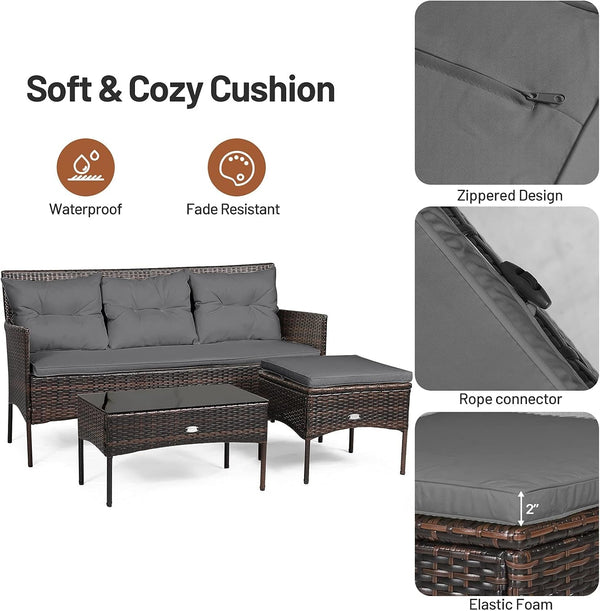 3 Pieces Patio Furniture Sectional Set, Rattan Wicker Conversation Set W/ 5 Cozy Seat & Back Cushions, Tempered Glass Coffee Table for Poolside, Balcony, Backyard Outdoor Furniture (Gray)5