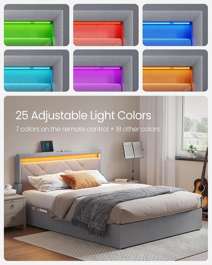 Queen Bed Frame, 4 Storage Drawers on Wheels, Charging Station3