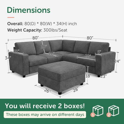 Sectional Sofa, 6 Seater L-Shaped Sectional Couch with Storage Ottoman for Living Room, Dark Grey2