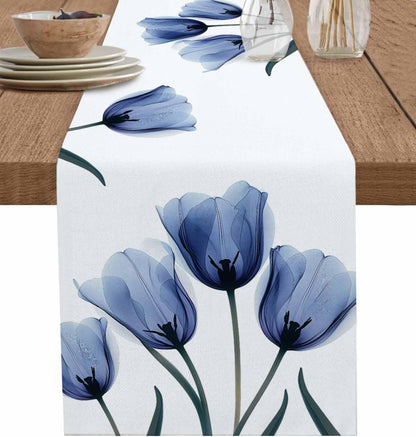 Floral Table Runner-Blue Tulip Cotton Linen-Long 90 Inche Dresser Scarves,Flower Rustic Tablerunner for Kitchen Coffee/Dining Table Bedroom Home Living Room,Summer Spring Holiday Dinner Scarf Decor1