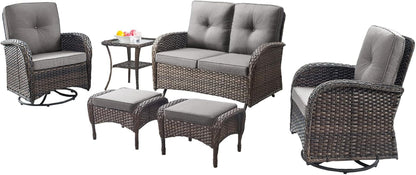 6 Piece Patio Conversation Sets - Wicker Patio Furniture Sets with Outdoor Swivel Rocker Chairs, Glider Loveseat Perfect for Patio Deck Backyard, Brown Wicker Grey Cushion3