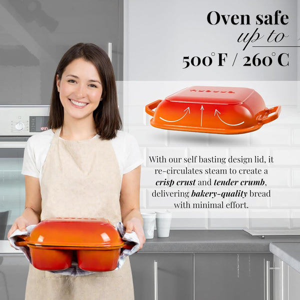 Quadpro Enamelled Cast Iron Bread Loaf Pot – Dutch Oven for Sourdough Bread Baking – 500°F Oven Safe Non Stick Bread Pot – 4 round Loaf Spaces (4.90-Inch Diameter), Orange – by7