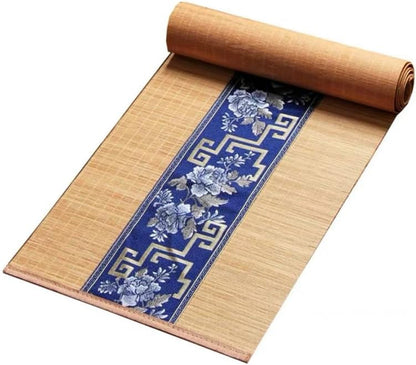 Asian Style Bamboo Table Runner, Floral Embroidery Cotton Linen Zen Bamboo Table Mat for Home Kitchen Dining Decor (Navy Blue, 12X72 Inch)1