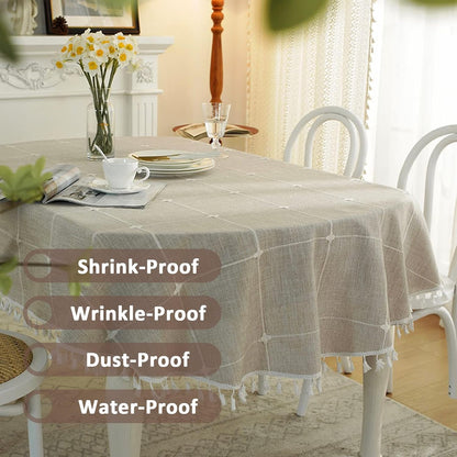 Round Tablecloth, Boho Plaid Tassel round Table Cloth, Heavy Weight Cotton Linen Table Cover for Kitchen Dining Farmhouse Party Tabletop Christmas Picnic Decoration (55Inch, Beige)3