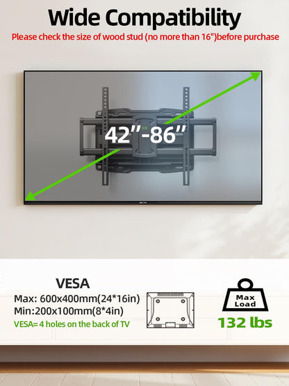 Full Motion TV Wall Mount for 42 55 65 75 85 86 Inch, TV Mount Swivel and Tilt,Wall Mount Bracket with Dual Articulating Arms up to 132Lbs, VESA 600X400Mm, Max 16" Wood Studs,  XML0193