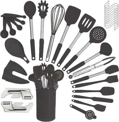 Silicone Kitchen Cooking Utensils Set with Stainless Steel Handle, Spatula Set Utensil Set, Cooking Utensil Set,Kitchen Tools Gadgets for Nonstick Cookware (35, Black)6