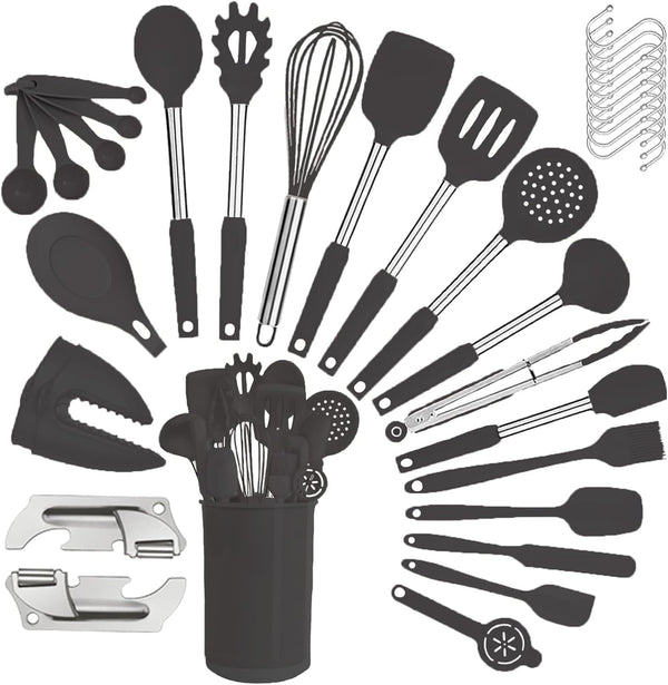 Silicone Kitchen Cooking Utensils Set with Stainless Steel Handle, Spatula Set Utensil Set, Cooking Utensil Set,Kitchen Tools Gadgets for Nonstick Cookware (35, Black)6