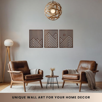 Modern Wooden Wall Sculptures - Set of 3 - Home Decor Accent - Large Wall Art for Living Room, Bedroom, Office - Easy Installation (Walnut, Medium - Mountain and Sun)4