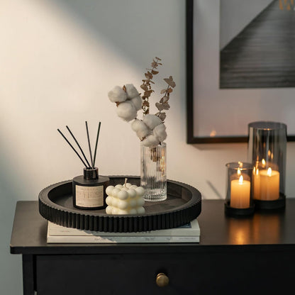 Black Decorative Coffee Table Tray, Scalloped Edge | 12" round Wood Centerpiece Tray, Ideal for Living Room, Entryway Table, Kitchen Island, Fits Modern Decor.3