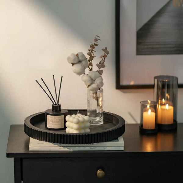 Black Decorative Coffee Table Tray, Scalloped Edge | 12" round Wood Centerpiece Tray, Ideal for Living Room, Entryway Table, Kitchen Island, Fits Modern Decor.3