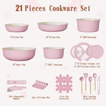 Pots and Pans Set Non Stick, 21 Pcs Nonstick Ceramic Cookware Set, RV Kitchen Cooking Set with Detachable Handles, Oven Safe, Induction Cookware, Stackable, Pink, PFAS PFOA & PTFE Free2