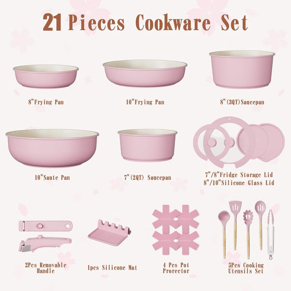 Pots and Pans Set Non Stick, 21 Pcs Nonstick Ceramic Cookware Set, RV Kitchen Cooking Set with Detachable Handles, Oven Safe, Induction Cookware, Stackable, Pink, PFAS PFOA & PTFE Free2