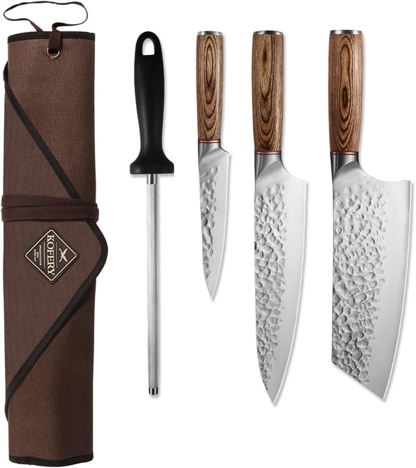 Forged High Carbon Steel Knife Set for Chefs & Grill Masters | Meat Cutting & Outdoor Cooking for Culinary Students, Butcher Cleaver, Honing Rod, Travel Knife Roll, Hand-Hammered Blades1