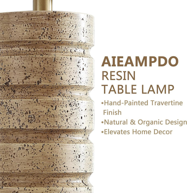 26" Set of 2 Travertine Resin Table Lamps for Bedroom, Brass Base3