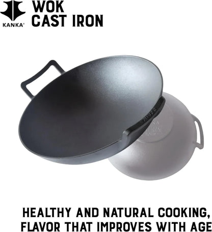 Cast Iron Wok & Skillet – 14 Inch Pre-Seasoned Nonstick Stir Fry Pan with Flat Base & Ergonomic Handles Ideal for Deep Frying, Sautéing, Grilling, & Camping Outdoor Cookware – Black4