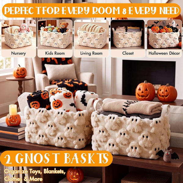 2 Halloween Ghost Storage Basket with Handle, Beige Ghost Decor4