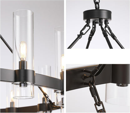 Large Black Chandelier, 30 Light Wagon Wheel Chandelier with Glass Shade,60 Inch round Industrial High Ceilings Pendant Lighting Fixture for Dining Living Room, Kitchen Island, Foyer8