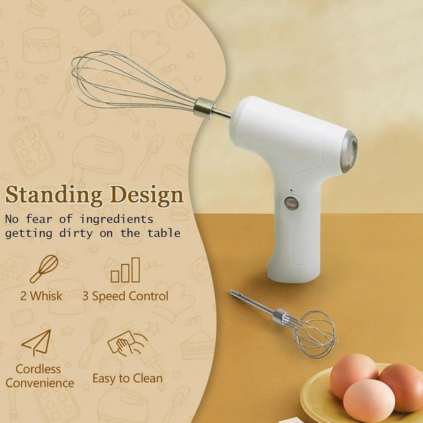 Cordless Hand Mixer, Handheld Electric Whisk with 3 Speed Modes, Hand Held Egg Beater with 2 Detachable Stir Whisks (White Silver)2