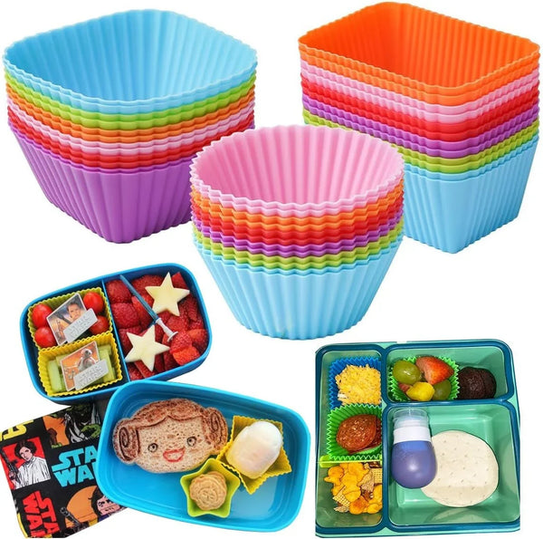 Silicone Bento Lunch Box Dividers 3 Shapes of Standard round & Square & Rectangle - Reusable Silicone Cupcake Liners Non-Stick Muffin Cups for Baking1