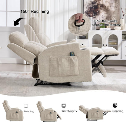 Manual Recliner Chair with Massage and Heat,Comfy Recliner Chair Sofa with Overstuffed Arms and Back, Manual Reclining Single Sofa with 2 Cup Holders, Side Pocket for Living Room,Beige3