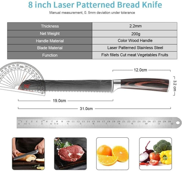 Meat Cleaver, Bread Knife,8 Inch Serrated Knife,Damascus Laser Pattern Steel Bread Knife for Homemade Bread Sharp Edge for Slicing Bread(Red Resin)2